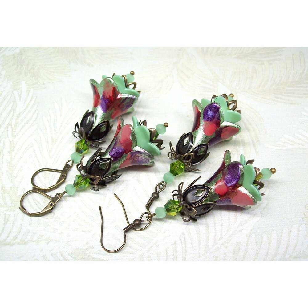 Boho Earrings Dangle, Bronze, Hand Painted Flowers, Handmade Jewelry